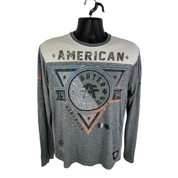 American Fighter Longsleeve Graphic Tee Grey Size Medium Streetwear Skater - Picture 1 of 9